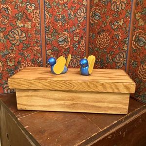 Adorable multi-compartment wood box with two delightful blue birds.